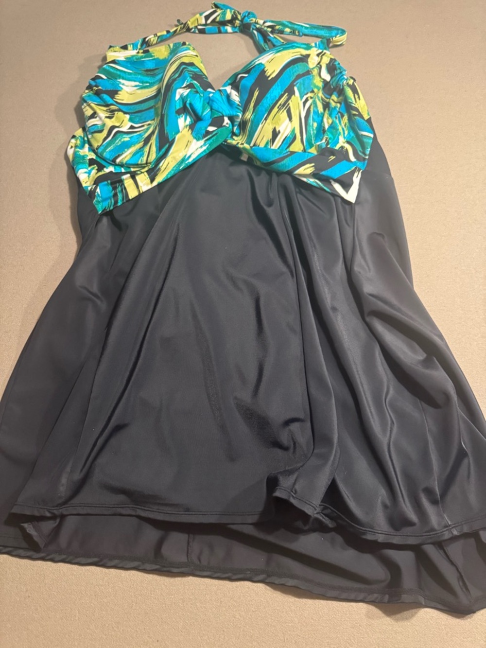 Black swimbress w/ Blue & Lime Abstract Bodice - Women's halter Strap lanebryant
